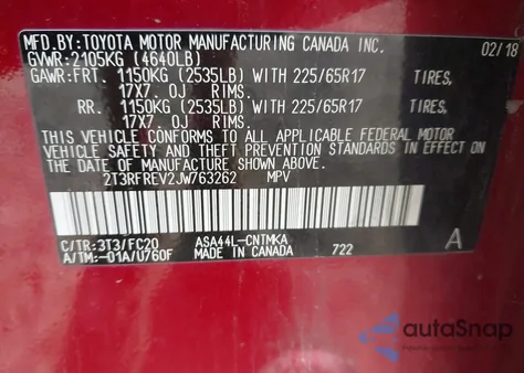 2018 Toyota Rav4 Xle z USA, uszkodzony, nr VIN 2T3RFREV2JW763262